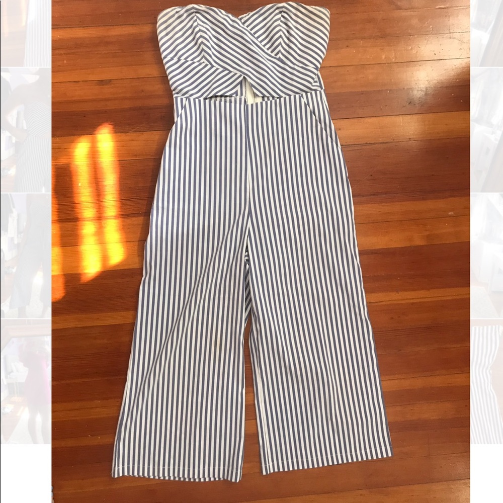 Blue and white striped jumpsuit